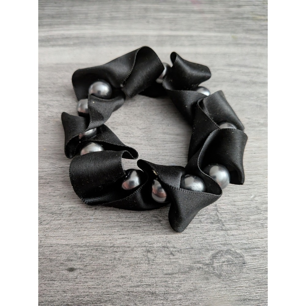 Black Satin Ribbon Scrunchie with Gunmetal Grey Faux Pearls Hair Accessory